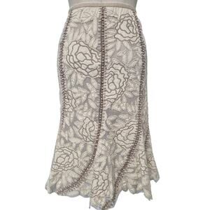 Lafayette 148 NY 100% Cotton Skirt Floral Beige Embroidered Beads Lined Sz 16